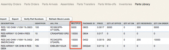 MOQ values are set on the Parts Library screen